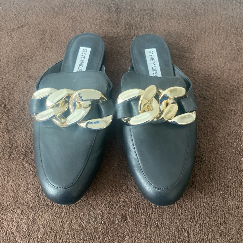 Steve Madden Black Mules with Gold Accent